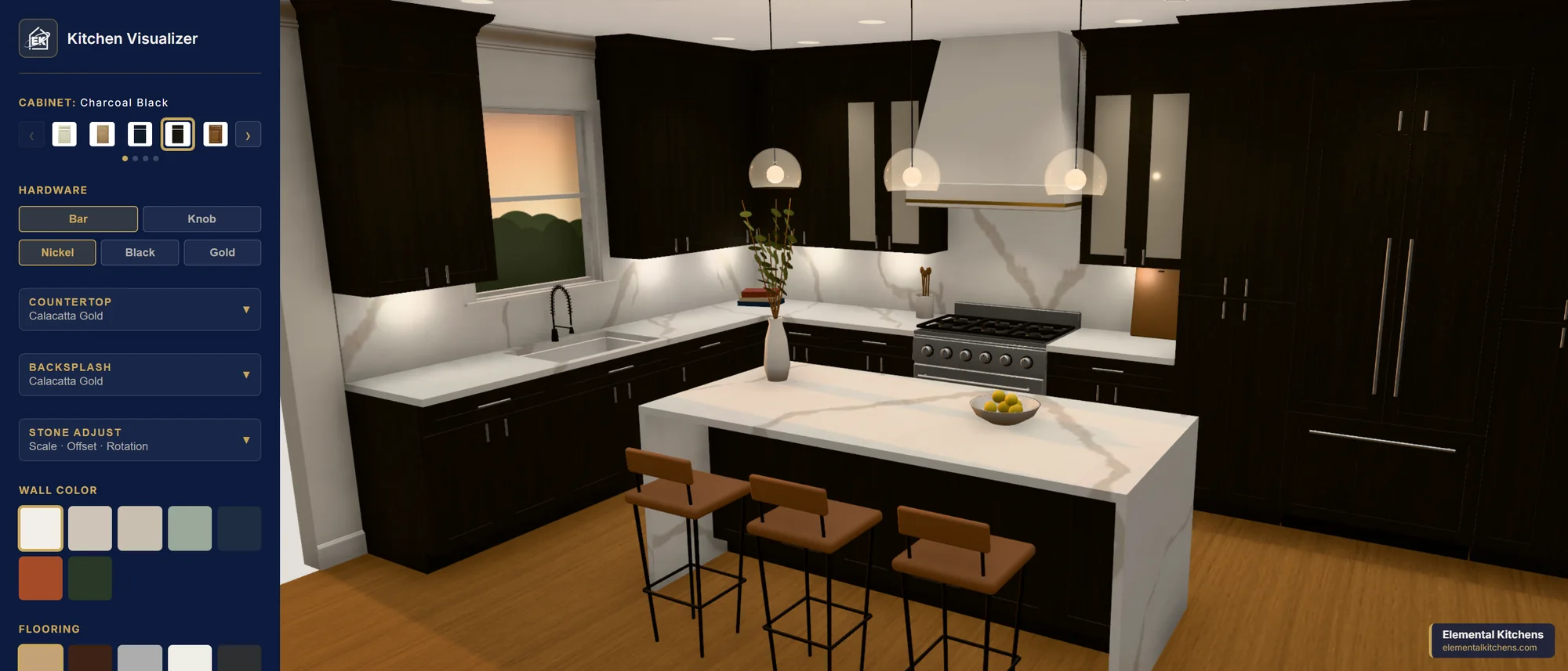 Elemental Kitchens kitchen visualizer: charcoal cabinets, marble island, golden-hour light